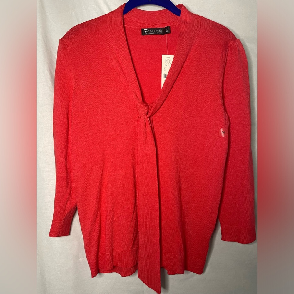 New York & Company 7th Avenue Design Studio Red Orange Tie-Neck Pullover Size M